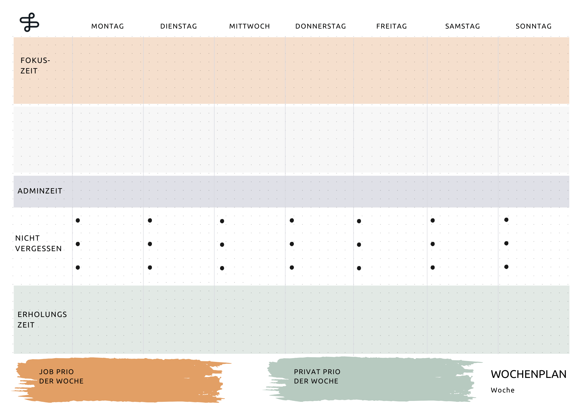 Wochenplan Vorlage mit allen Wochentagen und verschiedenen Zeitblöcken