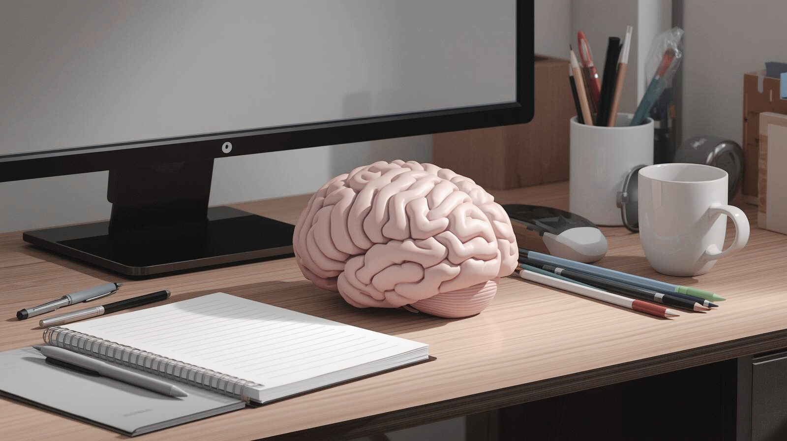Abbildung eines Schreibtischens mit einem Gehirn zur Visualisierung von gehirngerechtem Arbeiten