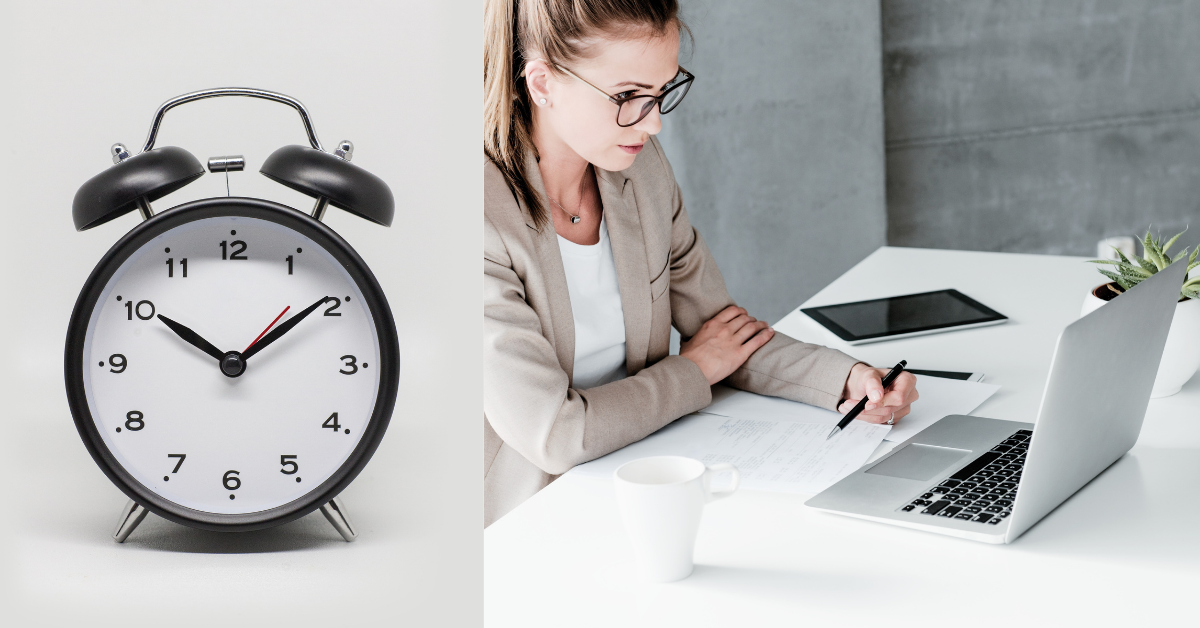 Abbildung einer Uhr und Büroszene als Hinweis auf den Zusammenhang zwischen innerer Uhr sowie Chronotyp und Produktivität