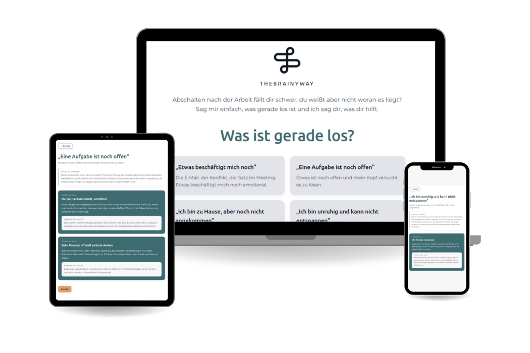 Mockup der Online Abschalt App für mehr Ruhe im Kopf und mehr Erholung im Feierabend